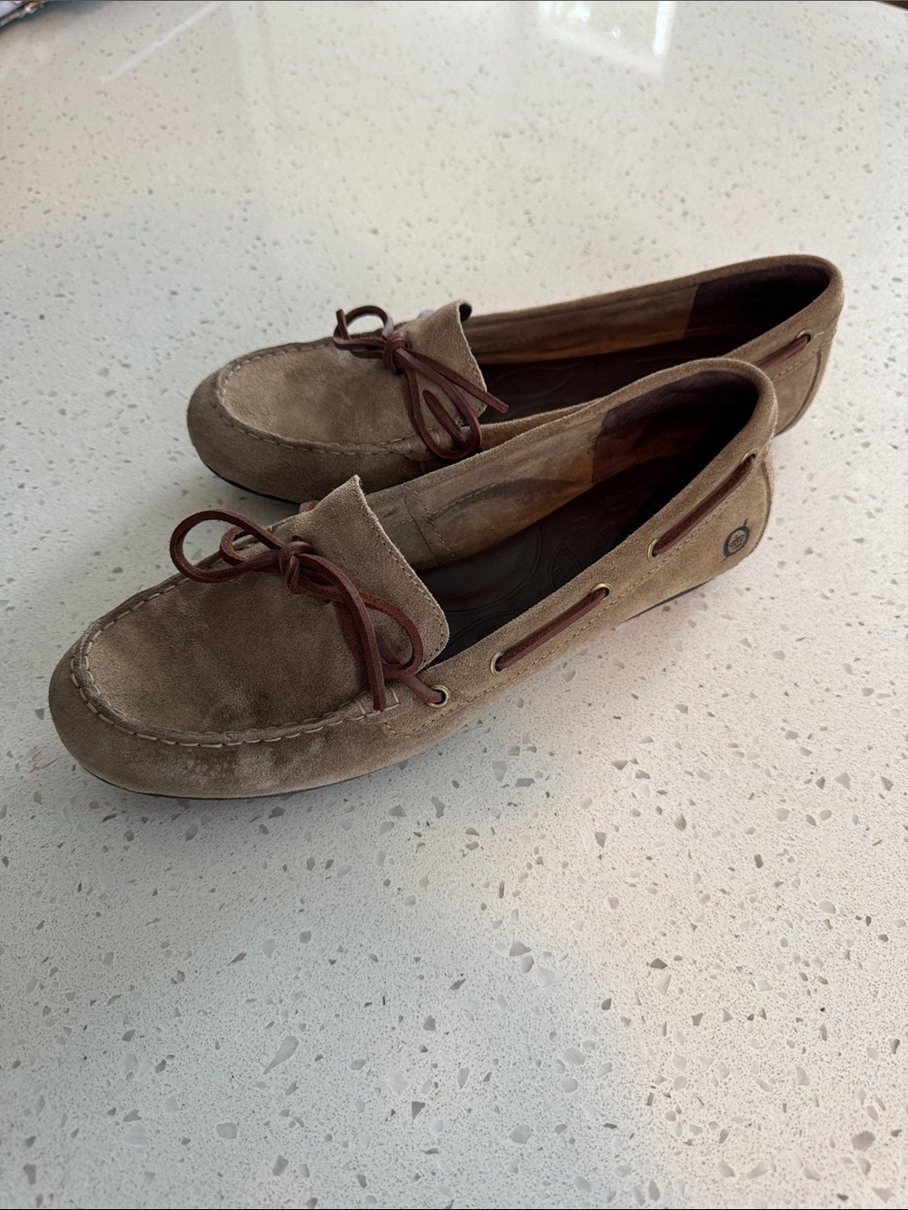 Born Taupe Suede Moccasin Loafers with Brown Laces